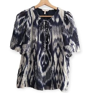Rebecca Taylor Silk Short Sleeve Button Up Blouse Tie Neck Blue White 8